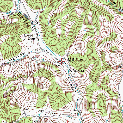 Topographic Map of Milltown, TN
