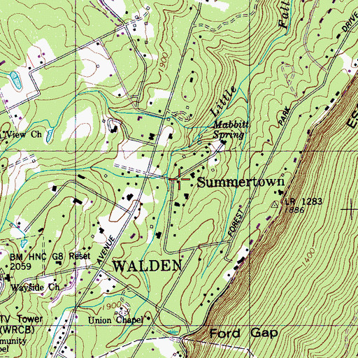 Topographic Map of Summertown, TN