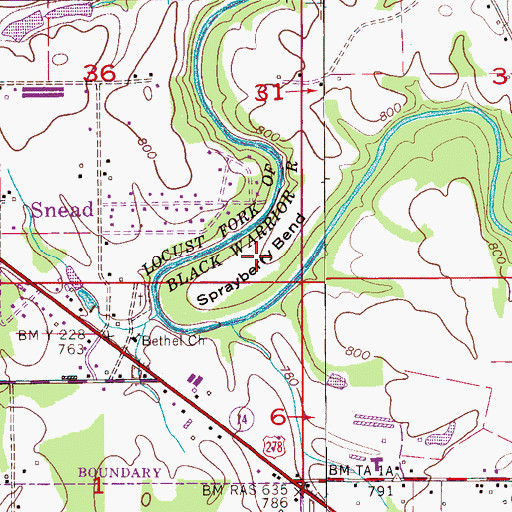 Topographic Map of Sprayberry Bend, AL
