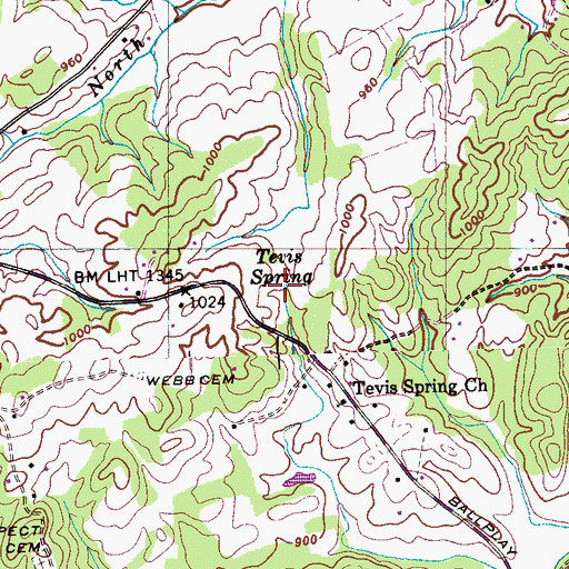 Topographic Map of Tevis Spring, TN