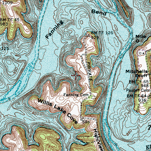 Topographic Map of Tims Ford Lake, TN