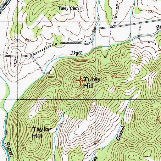 Topographic Map of Tuley Hill, TN