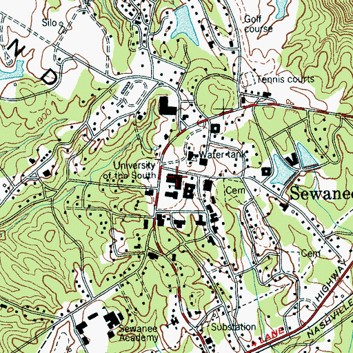Topographic Map of The University of the South, TN