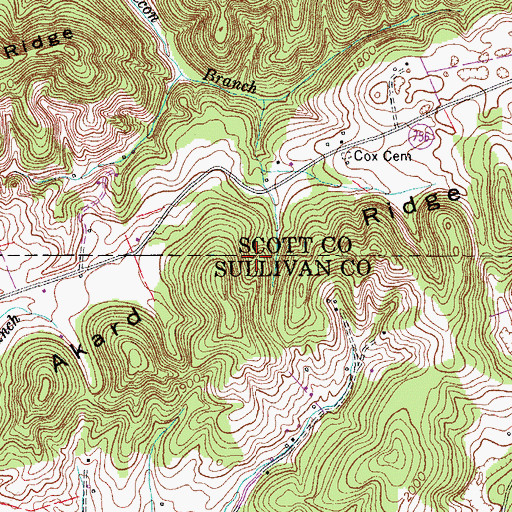 Topographic Map of Akard Ridge, TN