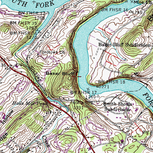 Topographic Map of Baker Bluff, TN