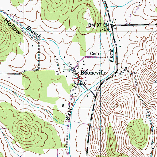 Topographic Map of Booneville, TN