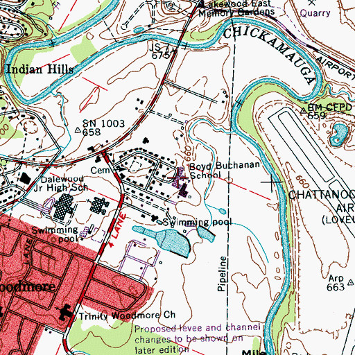 Topographic Map of Boyd Buchanan School, TN