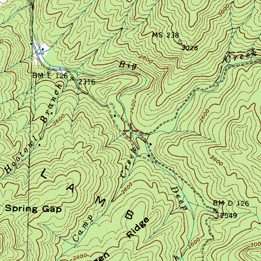 Topographic Map of Camp Moss Creek, TN