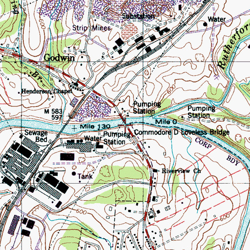 Topographic Map of Commodore D Loveless Bridge, TN