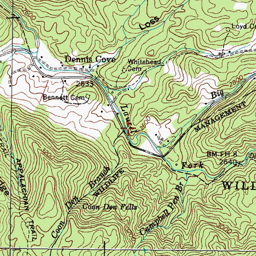 Topographic Map of Coon Den Branch, TN
