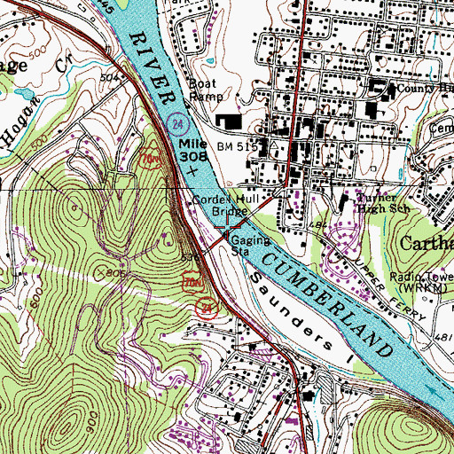 Topographic Map of Cordell Hull Bridge, TN