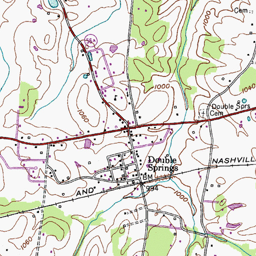 Topographic Map of Double Springs, TN