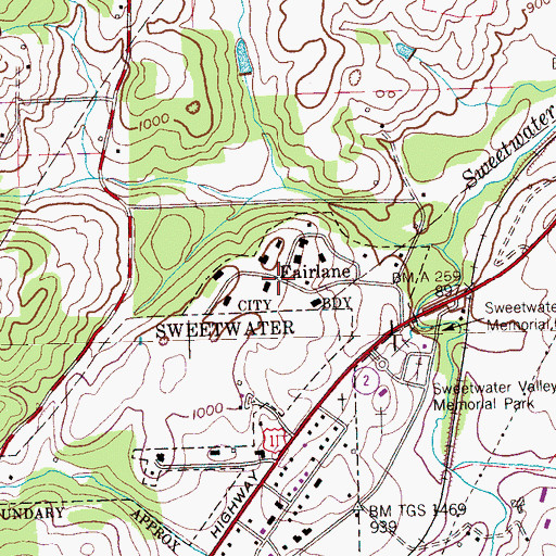 Topographic Map of Fairlane, TN