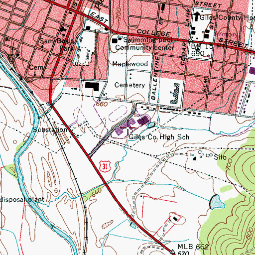 Topographic Map of Giles County High School, TN