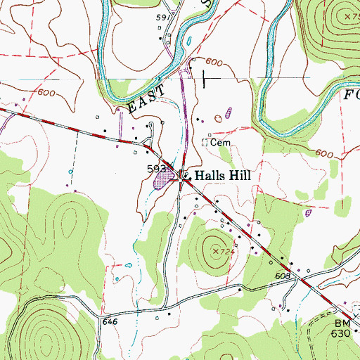 Topographic Map of Halls Hill, TN
