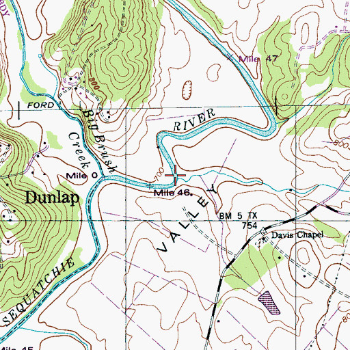 Topographic Map of Henson Creek, TN