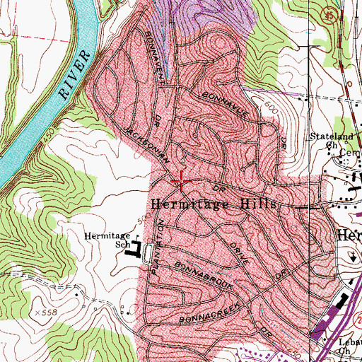 Topographic Map of Hermitage Hills, TN