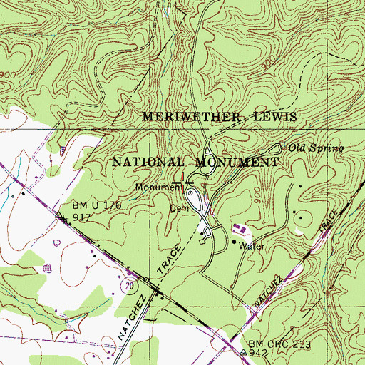 Topographic Map of Meriwether Lewis National Monument, TN