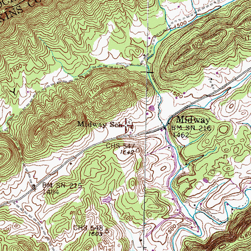 Topographic Map of Midway School, TN
