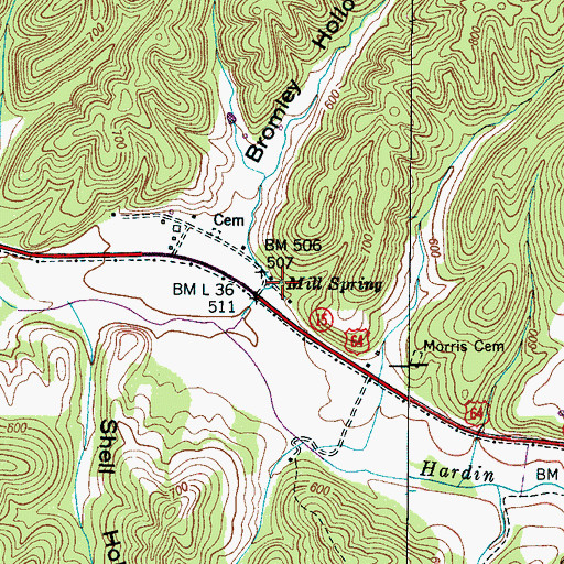 Topographic Map of Mill Spring, TN
