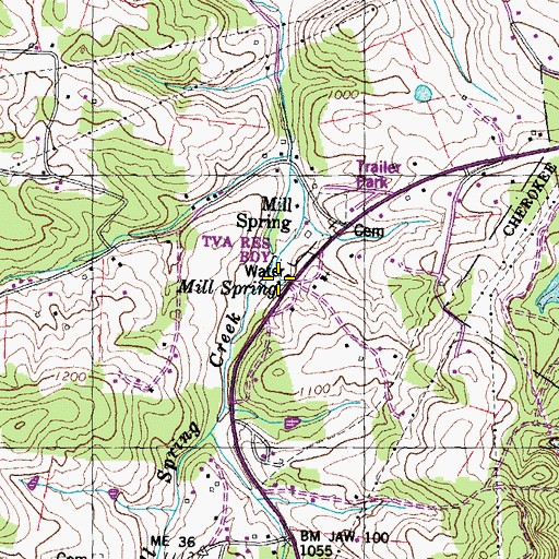 Topographic Map of Mill Spring, TN