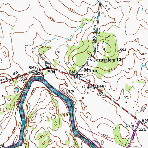 Topographic Map of Mona, TN