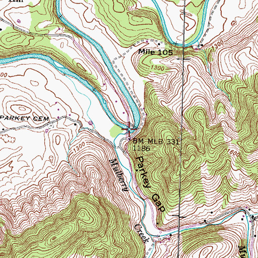 Topographic Map of Mulberry Creek, TN