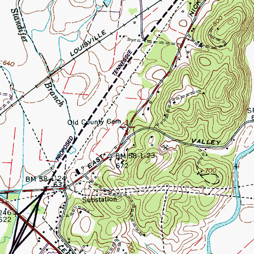 Topographic Map of Old County Cemetery, TN