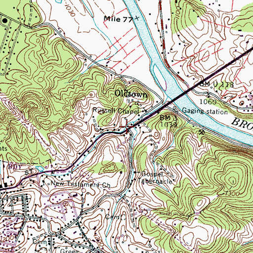 Topographic Map of Oldtown, TN