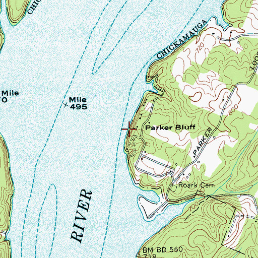 Topographic Map of Parker Bluff, TN