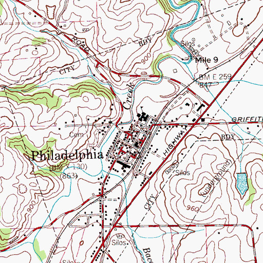 Topographic Map of Philadelphia, TN