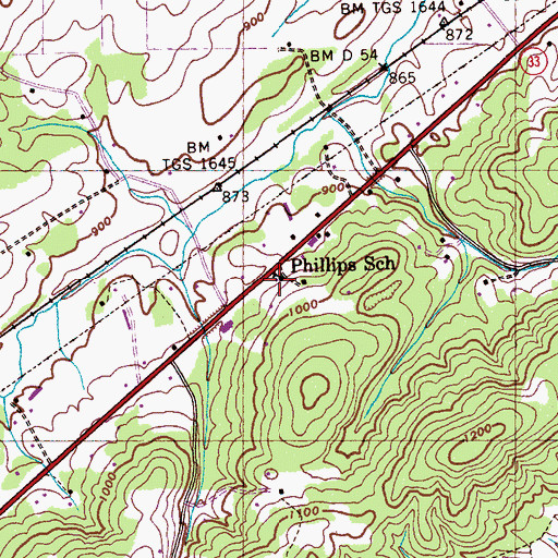 Topographic Map of Phillips School, TN