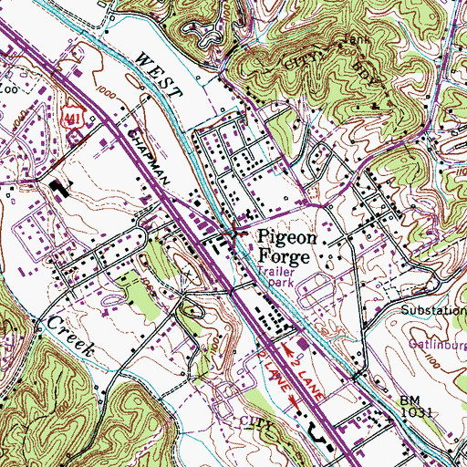 Topographic Map of Pigeon Forge, TN