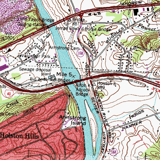 Topographic Map of Ralph Adcock Bridge, TN