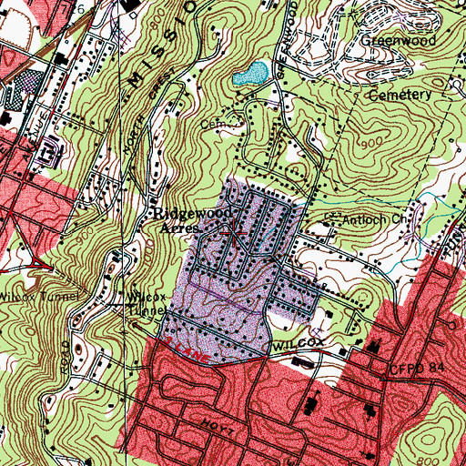 Topographic Map of Ridgewood Acres, TN