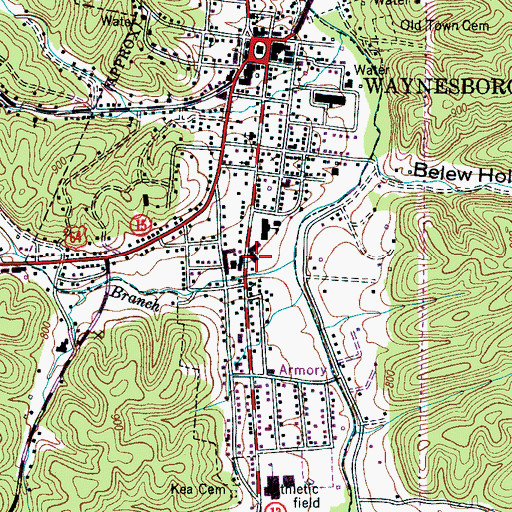 Topographic Map of Waynesboro Middle School, TN