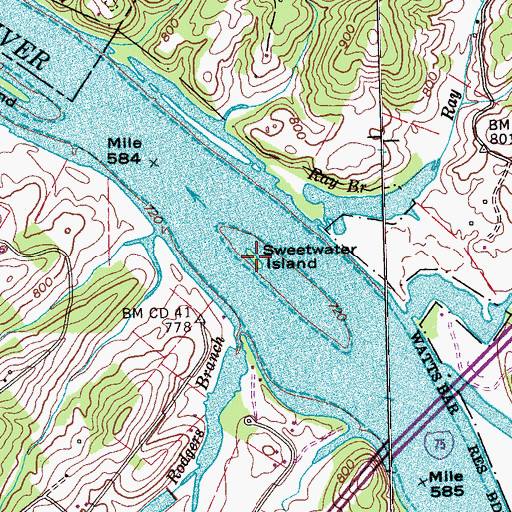 Topographic Map of Sweetwater Island, TN