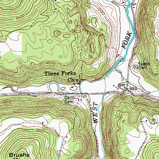 Topographic Map of Three Forks Church, TN