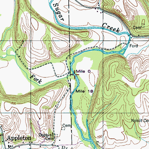 Topographic Map of West Fork Sugar Creek, TN
