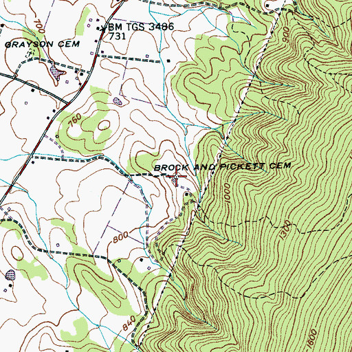 Topographic Map of Brock and Pickett Cemetery, TN