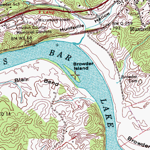 Topographic Map of Browder Island, TN