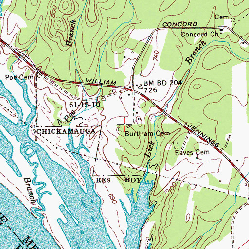 Topographic Map of Burttram Cemetery, TN