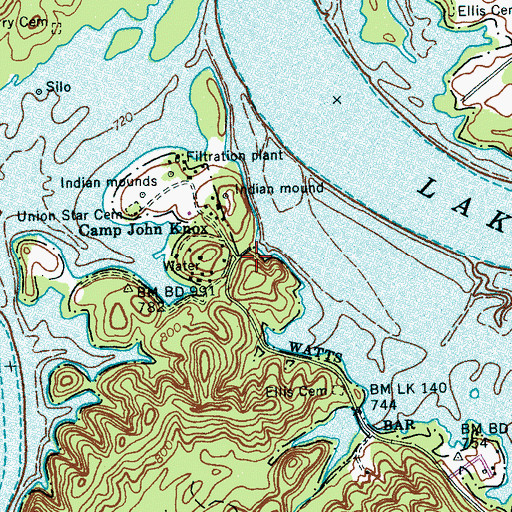 Topographic Map of Camp John Knox, TN