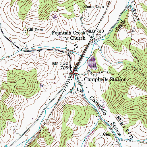 Topographic Map of Campbells Station, TN