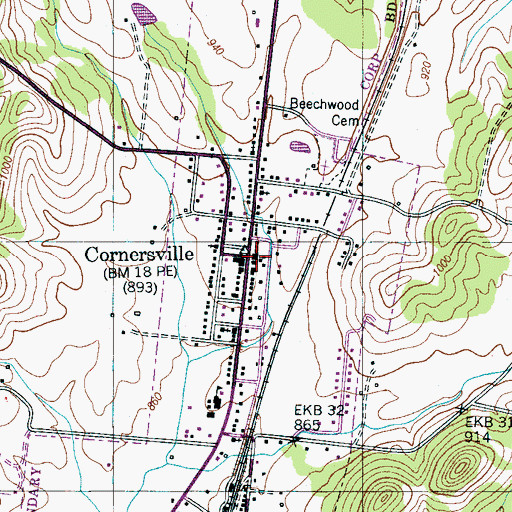 Topographic Map of Cornersville, TN
