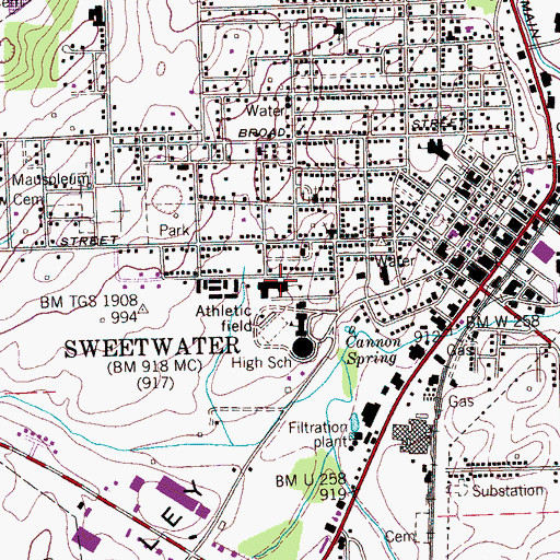 Topographic Map of Sweetwater Junior High School, TN