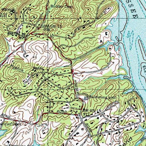 Topographic Map of Riverbend, TN