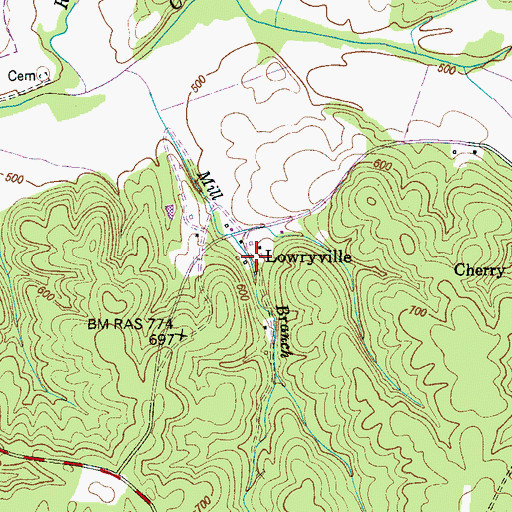 Topographic Map of Lowryville, TN