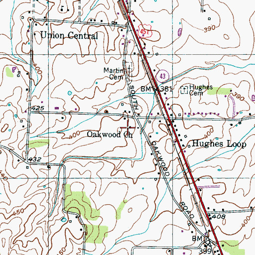 Topographic Map of Oakwood Church, TN