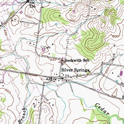 Topographic Map of Silver Springs Baptist Church, TN